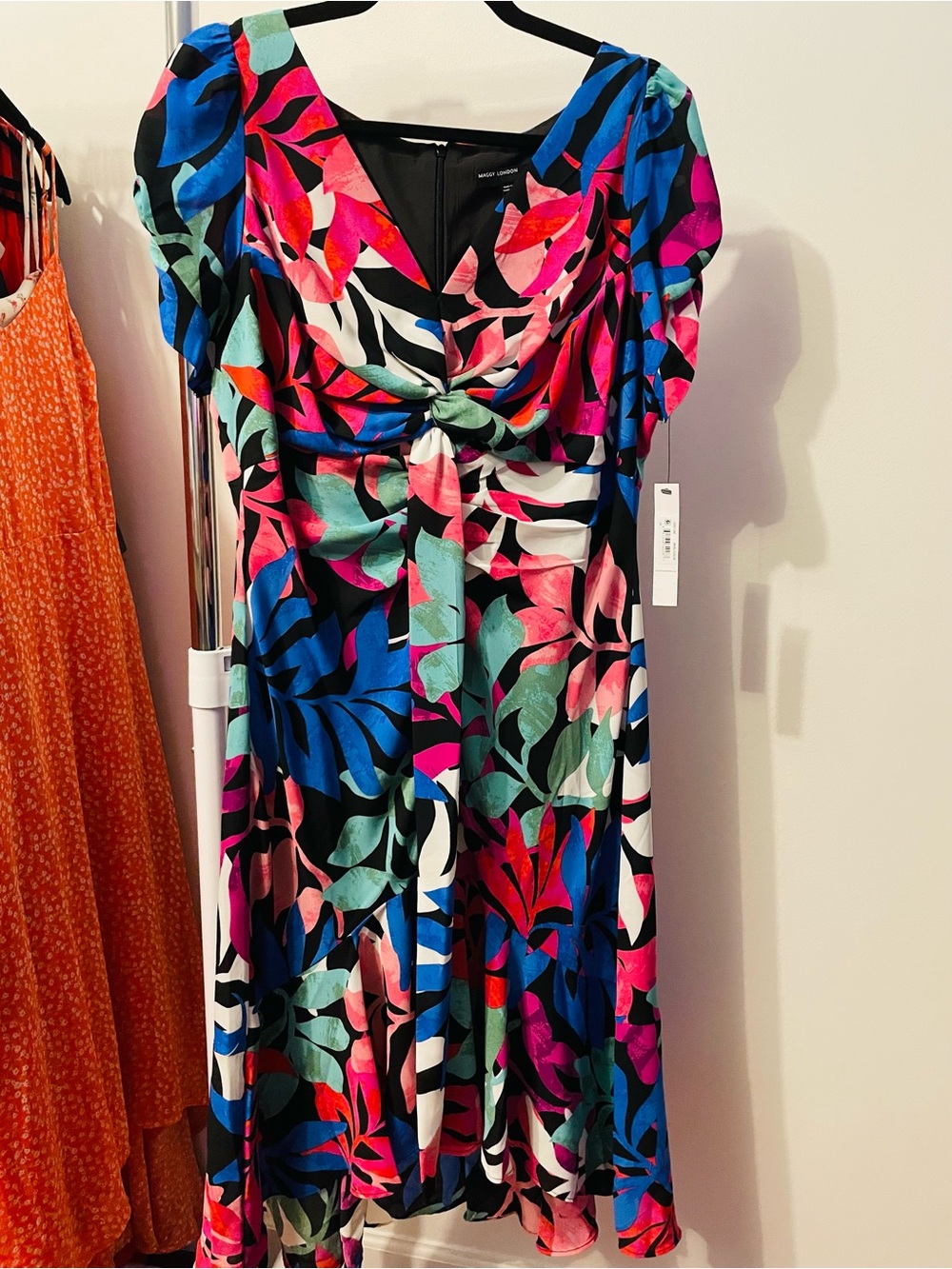 Maggy London Tropical Twist Knot-Front Midi Dress in Multicolor